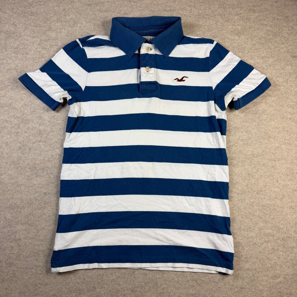 Hollister Mens Small Blue White Striped Short Sleeve Polo Shirt Cotton Seagull